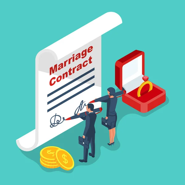 Umowa małżeńska. Mężczyzna i kobieta podpisują kontrakt.. — Wektor stockowy