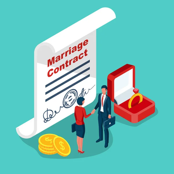 Contrato de matrimonio. Hombre y una mujer en el apretón de manos — Vector de stock