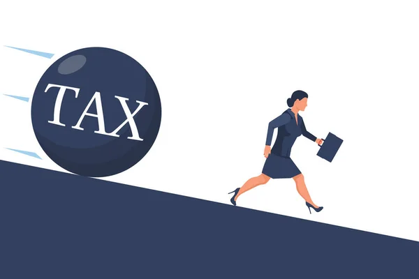 Pojęcie podatkowe. Bizneswoman ucieka od dużego podatku — Wektor stockowy