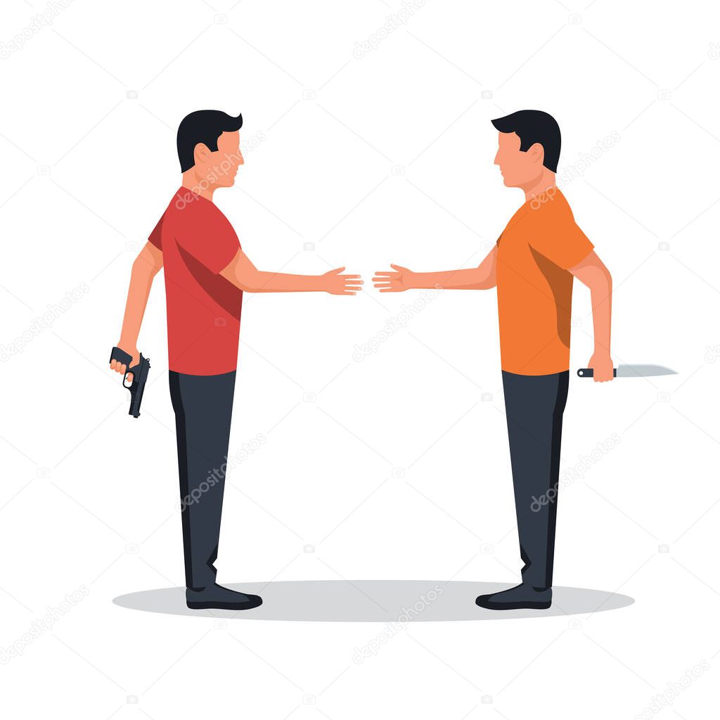 Betrayal metaphor. Two businessman shaking hands.