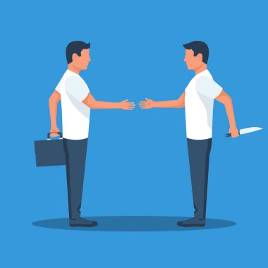 İhanet metaforu. İki işadamı el sıkışıyor. Hain işadamı sırtında bir bıçak taşıyor. Çizgi film karakterleri. İhanet ve yalanlar. Vektör illüstrasyon düz tasarım.