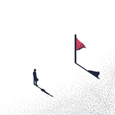 Amaçlı iş adamı bayrağa gider. Hedefe ulaşmanın yolunu bulmanın başlangıcı. Görevimiz dağa tırmanmak. Amaç konsepti. Vektör illüstrasyonu siyah minimal tasarım. Hevesli insanlar.