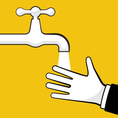 Musluğun altında el yıkama suyu ile. Vektör illüstrasyon düz tasarımı arka planda izole edildi. Kişisel hijyen. Dezenfeksiyon, antibakteriyel yıkama. Su musluğu, jet akıntısı ve eller.