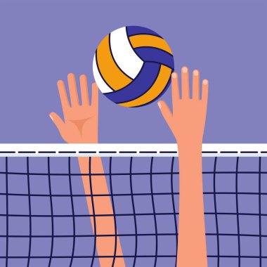 Voleybol hareketi. Voleybol maçında top ağların üstündeydi. İnsanlar ellerini topa vuruyor. Vektör çizimi düz tasarım. Beyaz arka planda izole edilmiş. Spor tatili, yaşam tarzı.