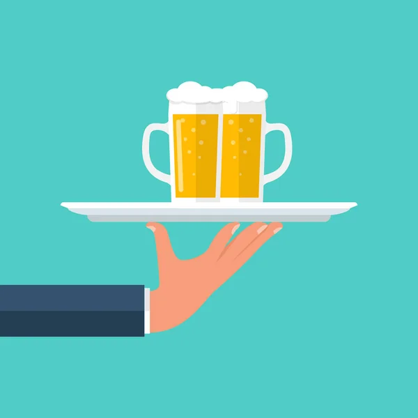 Beer on a tray. Glass of beer men holding in hand — Stock Vector