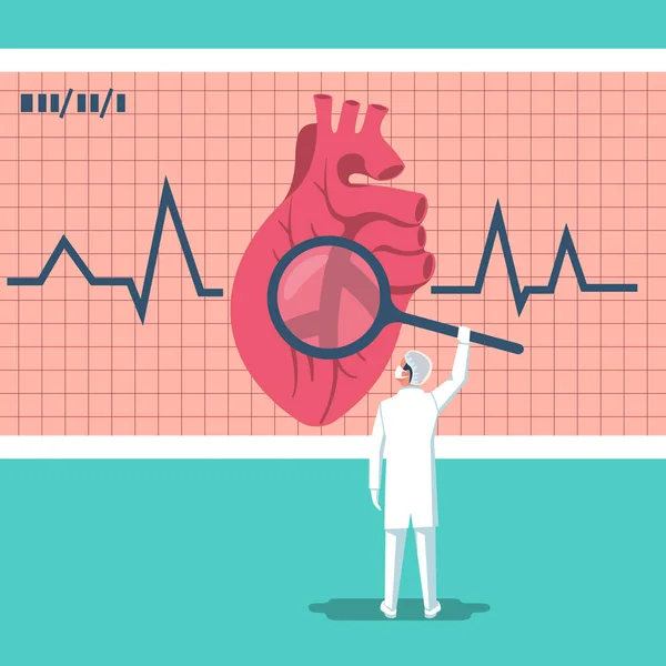 Concepto de cardiología. Médico cardiólogo sostiene lupa en las manos — Vector de stock