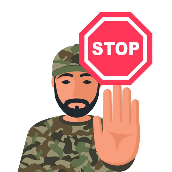 Control de aduanas. Militar en forma de camuflaje muestra la señal de stop. — Vector de stock