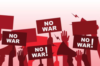 Savaş protestosu yok. Protesto eden bir grup insan. Posterler, yumruklar ve eller yukarı. Protestanların siyah siluetleri. Devrim ve çatışma kavramı. Vektör illüstrasyon düz tasarım.