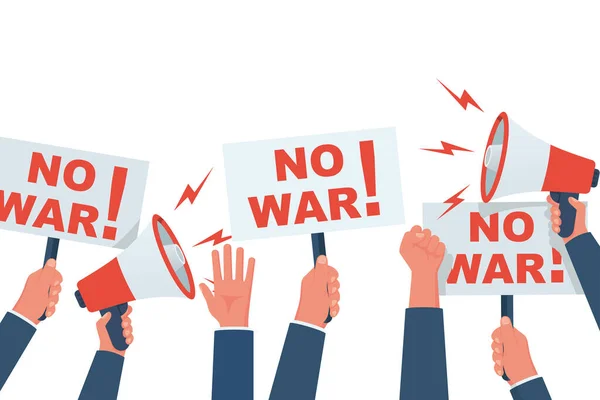 Savaş Protestosu Yok Protesto Eden Bir Grup Insan Posterler Hoparlörler — Stok Vektör