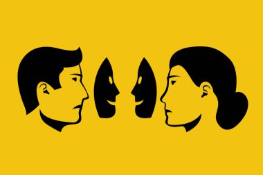 Siyahi ikiyüzlülüğü. Yalancı maske gerçek duyguları gizler. Vektör çizimi düz tasarım. Beyaz arka planda izole edilmiş. Maskeli bir adam ve kadın..