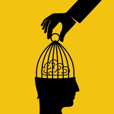 İnsan beynindeki bir hücreyi çıkartır. Kısıtlamaları kaldır. Zihin özgürlüğü. Kapalı zihinden çık, iş metaforu. Olasılıklar dünyasının kapısını aç. Vektör illüstrasyon düz tasarım.