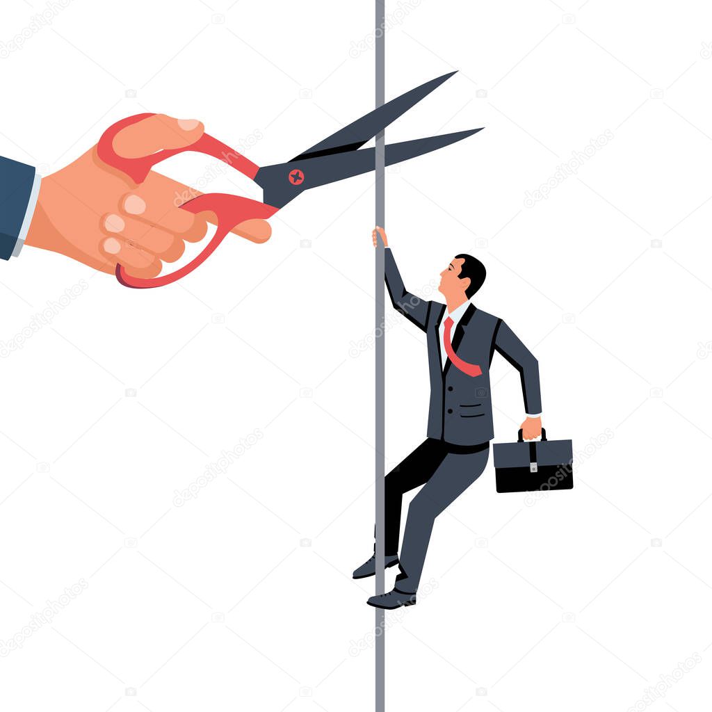 Career obstacle.Businessman climbs up rope. A big hand with scissors cuts off the rope. Difficulties on the way to success. Vector illustration flat design. Isolated on white background.