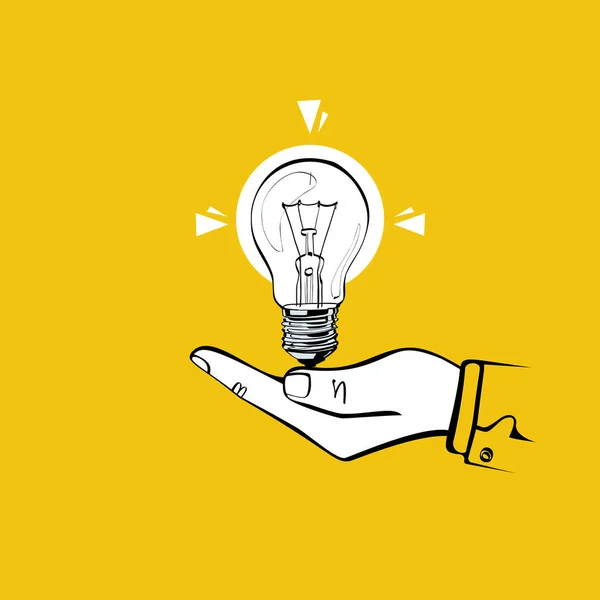Idea hold in hand. Human hold big a glowing lamp. — Stock Vector