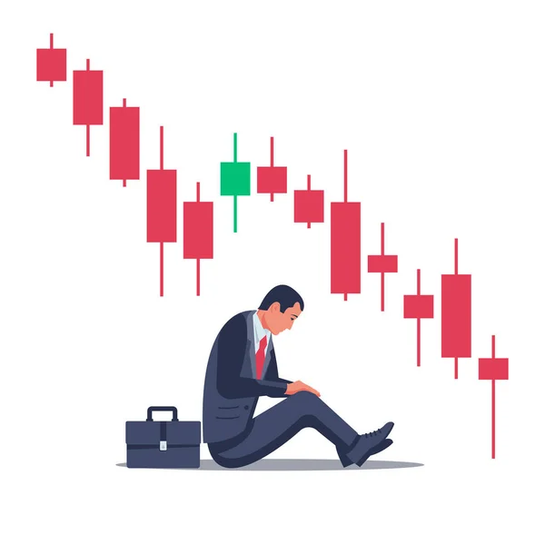 市场金融下跌 财务图表下降 商人在不断下跌的市场前悲伤地坐着 金融危机 矢量插画平面设计 因白人背景而被隔离 — 图库矢量图片