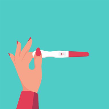 Elinde pozitif gebelik testi iki kırmızı çizgili tutan kadın. Olumlu sonuç. Hamilelik testi kontrol. Vektör çizim düz tasarımı. Arka plan üzerinde izole.