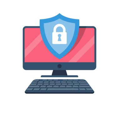 Güvenlik bilgisayar simgesi. Veri Koruma ve Güvenli İş. Vektör çizimi düz tasarım. Beyaz arka planda izole edilmiş. Güvenlik ve güvenilirliğin sembolü olarak koruyucu kalkanla renklendirme.