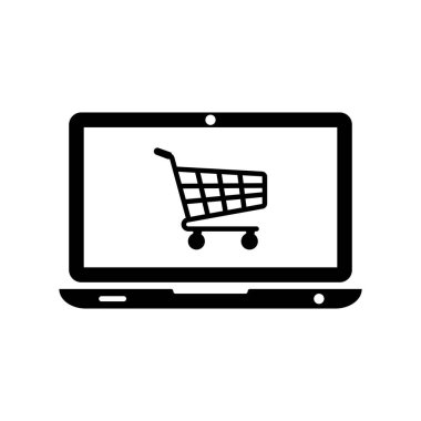 İnternetten alışveriş konsepti. Vektör illüstrasyonu minimum tasarım. Laptop siyah ikonu ve alışveriş sepeti. Modern teknoloji alışverişleri internetten. Siyah simge e-ticareti. İzole edilmiş beyaz arkaplan.