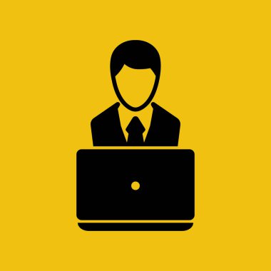 Dizüstü bilgisayar ikonu olan bir iş adamı. Uygulamalar ve web siteleri için düz simge.