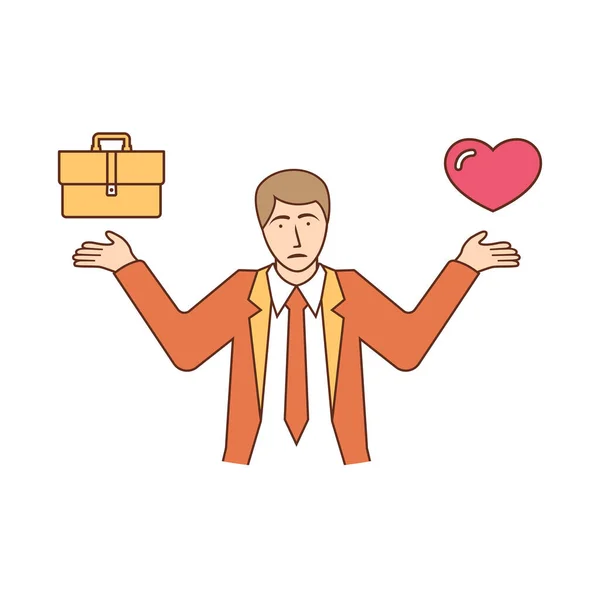 Equilibrio de amor y trabajo. El hombre de negocios elige entre amor y dinero. — Vector de stock