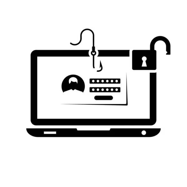 Compte piraté icône noire. Fraudster vole des données personnelles. — Image vectorielle
