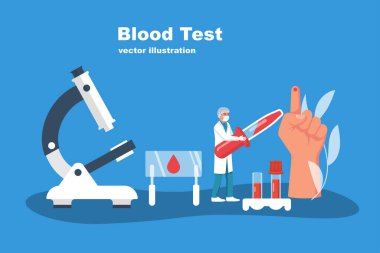 Doktor, kan örneğini test tüpünde tut. İniş çağrı cihazı. Laboratuvar araştırma konsepti. Analiz için ekipman. Kan bağışı. Vektör çizimi düz tasarım. Beyaz arkaplanda izole. 