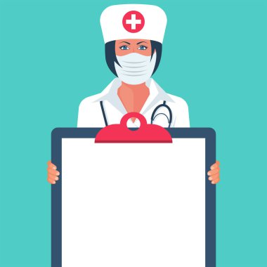 Koruyucu tıbbi maskeli doktor, boş dosya gösteriyor. Hijyen ürünlerinin reklamı ya da tıbbi talimatlar için bir poster. Tasarımını, bilgilerini düzenle. Vektör düz tasarımı.