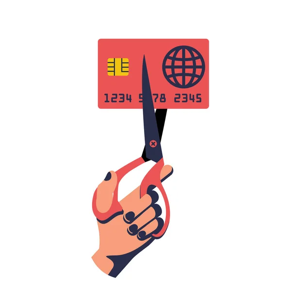 切割的信用卡 借记卡卡帐户关闭 男人拿着剪刀在手 切割银行卡 降低成本 矢量图平面设计 孤立对背景 — 图库矢量图片