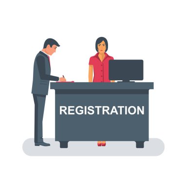 The businessman is registered. A person stands behind a persistent registration. Template for web design and printing. Vector illustration flat design. Isolated on white background.
