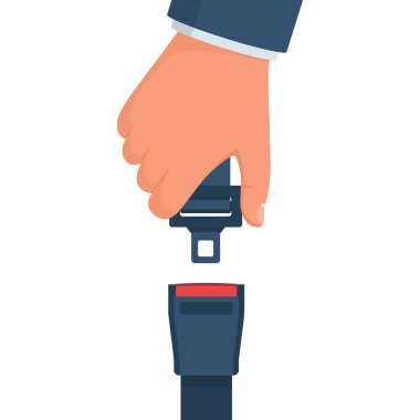 Emniyet kemeri. Emniyet ilk konsepti. Bir adam tokası ellerini bağla. Emanet hareketinin Araba, uçak. Vektör çizim düz tasarımı. Beyaz arka plan üzerinde izole. Koruma sürücü ve yolcu.