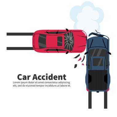 Araba kazası konsepti. İki çarpışan araba üst tarafta. Nakliye olayı, çizgi film tarzı. Vektör çizimi düz tasarım. Beyaz arka plan. İki araç yolda çarpıştı. Sürüş güvenliği kurallarının ihlali.