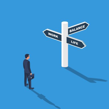 Work life balance. A businessman is in front of a sign three directions. Vector illustration isometric 3d design. Isolated on white background.