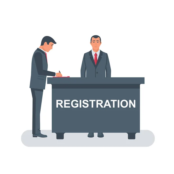 Businessman Registered Person Stands Persistent Registration Template Web Design Printing — Archivo Imágenes Vectoriales