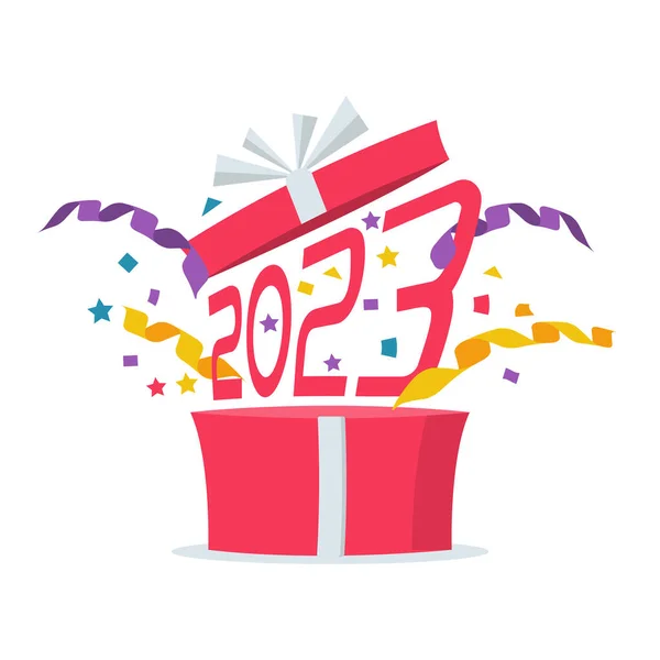 Happy New Year 2023 Open Gift Serpentine Confetti Flying Numbers — 图库矢量图片