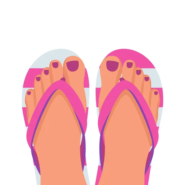 Pair Female Legs Pedicure Beach Slippers Beach Shoes Color Slippers — Vector de stock