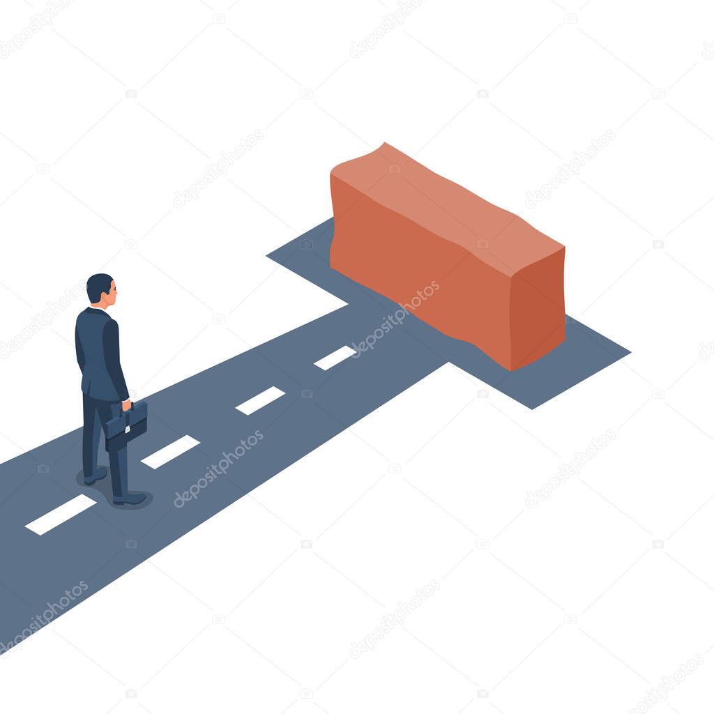 Dead end concept. The businessman is on the way before the dead end. Brick and the end of the road. Vector illustration isometric design. Isolated on background. No further road. 