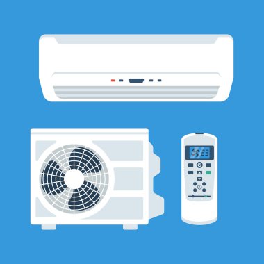 Air conditioner and split air control system. Collection outdoors block, air conditioning and remote control. Template set for buy or sale. Cooling technique and climate control. Vector flat design.