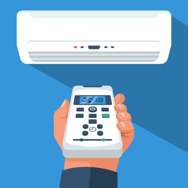 Air conditioning using the remote control. Person holds the air conditioner's remote control in hand. Vector illustration flat design. Isolated on white background. Climate control in the room.