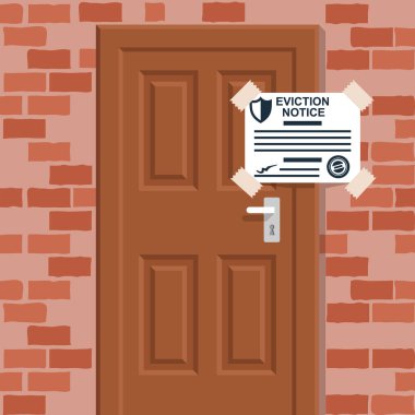 Eviction notice, white sheet on door. Stop sign at the entrance. Key in keyhole on door prohibited. Do not open the door. Form vector illustration flat design. Isolated background. clipart
