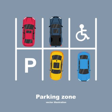 Parking zone. Landing page city parking. City infrastructure. Top view of cars and parking lots. Place for vehicle. Vector illustration flat design. Isolated on white background. Urban area.