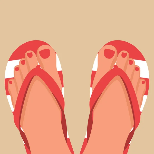 Pair Female Legs Pedicure Beach Slippers Beach Shoes Color Slippers - Stok Vektor