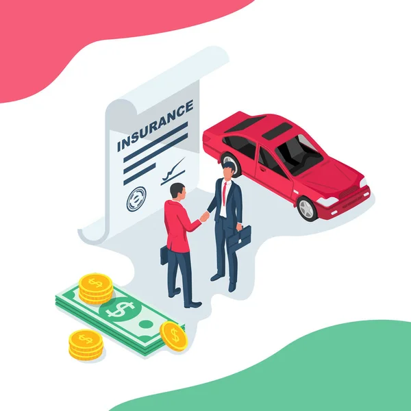 Bilförsäkringsformulär Affärsmän Skriver Ett Försäkringsformulär Skaka Hand Ett Avtal Juridiskt — Stock vektor