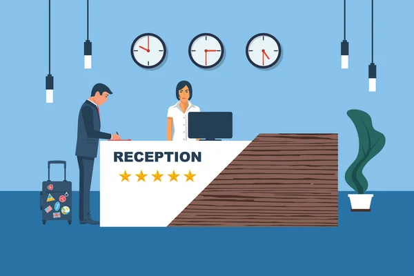 Hotel Reception Businessman Client Registration Stand Woman Registrar Accepts Client — Vettoriale Stock