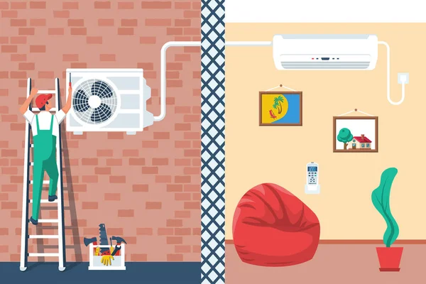 安装空调机 修理工的角色就是在家里安装冷气 维修和保养服务气候控制 矢量插画平面设计 因白人背景而被隔离 — 图库矢量图片