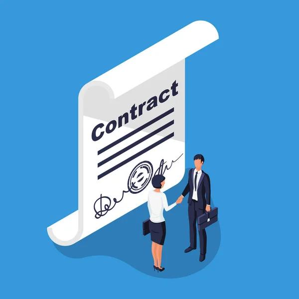 Two Business People Shake Hands Signing Contract Handshake Men Women — ストックベクタ
