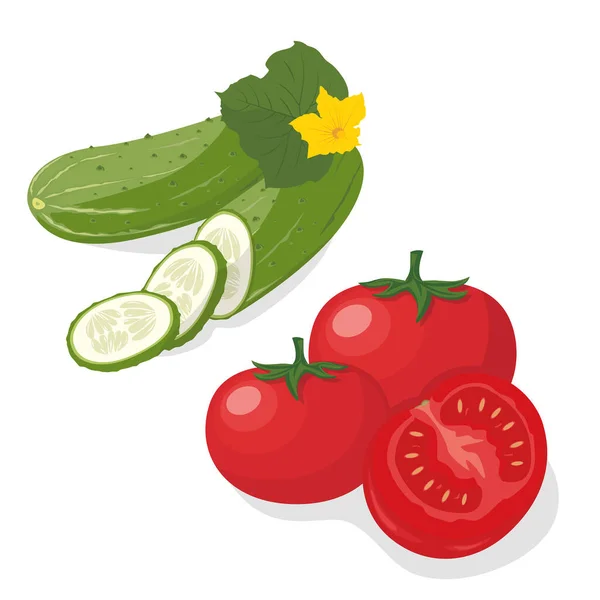 Pepino Tomate Pepino Inteiro Tomate Metade Picado Fatias Conjunto Vegetais — Vetor de Stock
