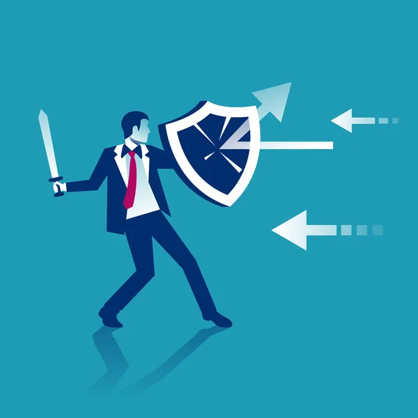 Protecção Contra Ataques Empresário Tem Escudo Defender Ataques Impacto Reflexão —  Vetores de Stock