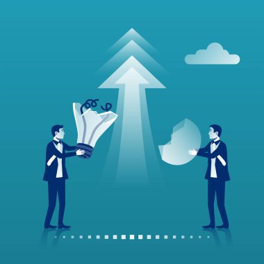 Collaboration concept. Restore the idea. Completing business idea. Cooperation, teamwork. Successful solution. Symbol of partnership. Businessmen join efforts. Vector illustration flat design.
