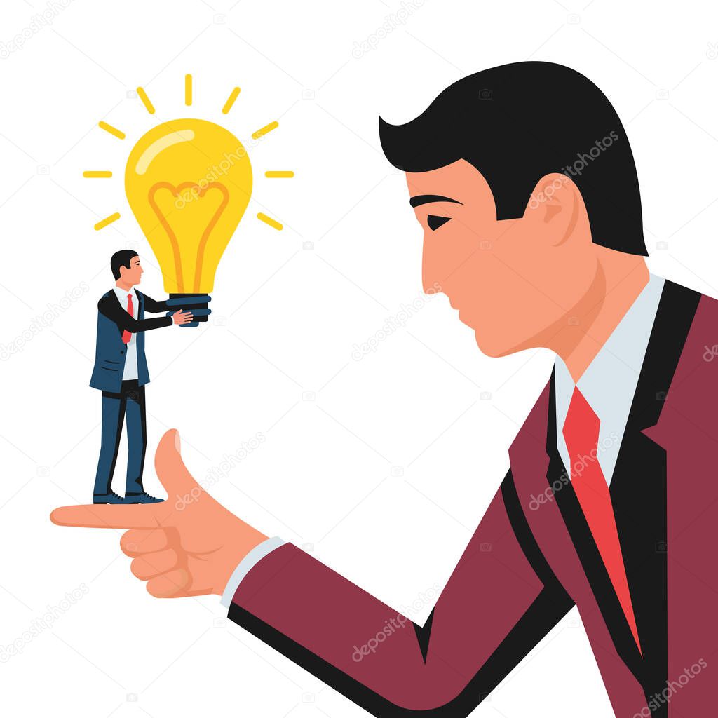 Investor idea. Businessman gives the idea to the sponsor. Big Boss look the idea of an employee. Offers an investment opportunity. Concept business. Vector illustration flat design. Startup financing.