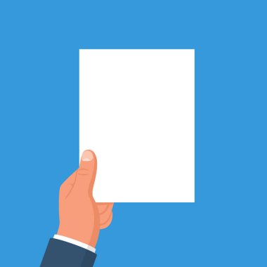 The man holds a clean sheet of paper in hands. Empty blank. Vector illustration, flat design. Template for text. Isolated on background.