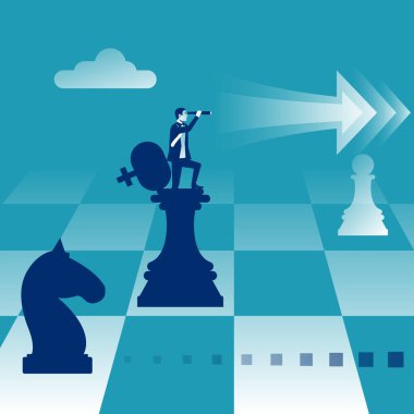Success strategy. Victory planning. Plan win business competition. Leadership vision, looking opportunity. Businessman looks in binoculars. Competitor analysis. Decision for the future. Vector design.